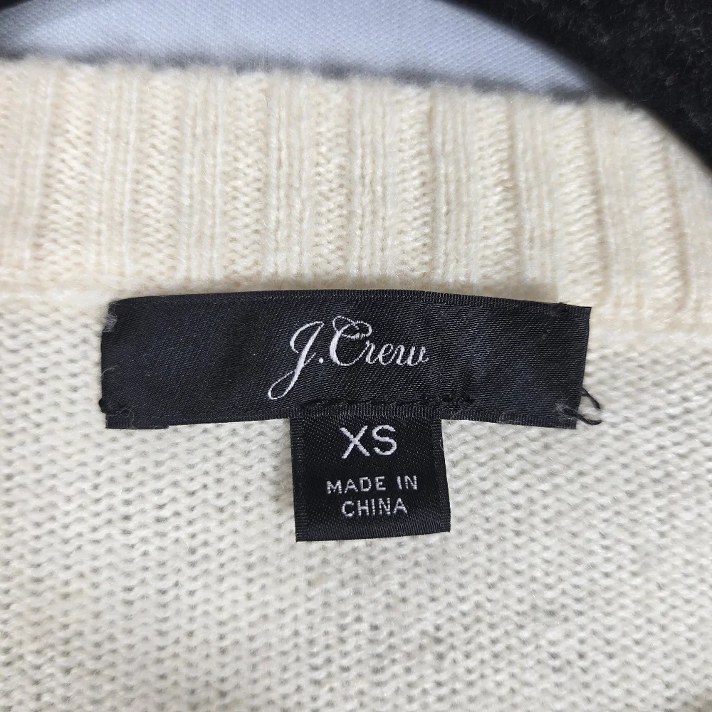J. Crew Ivory Sweater Lambswool Blend Crew Neck Retro Rhinestone Trim Womens XS